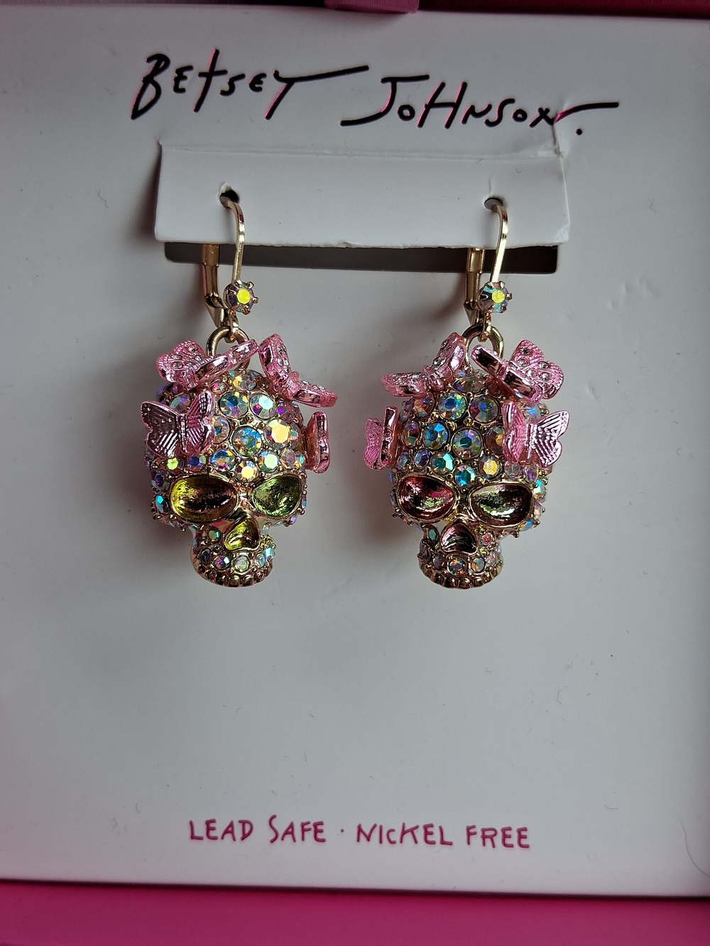 NWT Betsey Johnson Crystal Skull Iridescent Rhinestones Butterfly Earrings